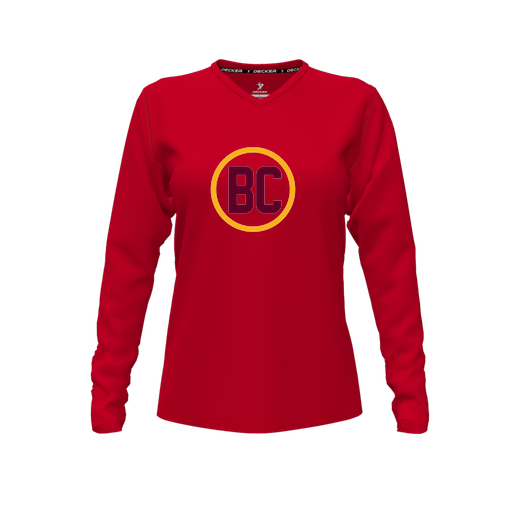 [FTLVCFRD-FYXS-LOGO1] Decker Comfort T-Shirt (Female Youth XS, Red, V Neck, Logo 1, Long Sleeve)