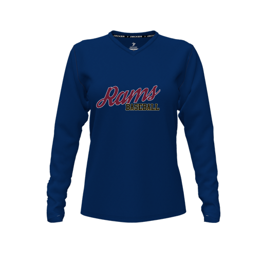 [CUS-DFW-TEES-PER-VNK-LSL-NVY-FYXS-LOGO3] Decker Performance T-Shirt (Female Youth XS, Navy, V Neck, Logo 3, Long Sleeve)