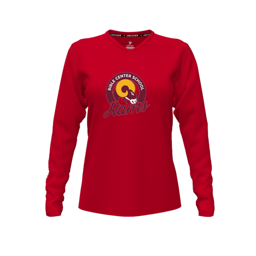 [CUS-DFW-TEES-PER-VNK-LSL-RED-FYXS-LOGO2] Decker Performance T-Shirt (Female Youth XS, Red, V Neck, Logo 2, Long Sleeve)